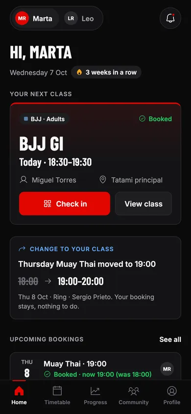 TATAMI app home screen showing the next class and the check-in button