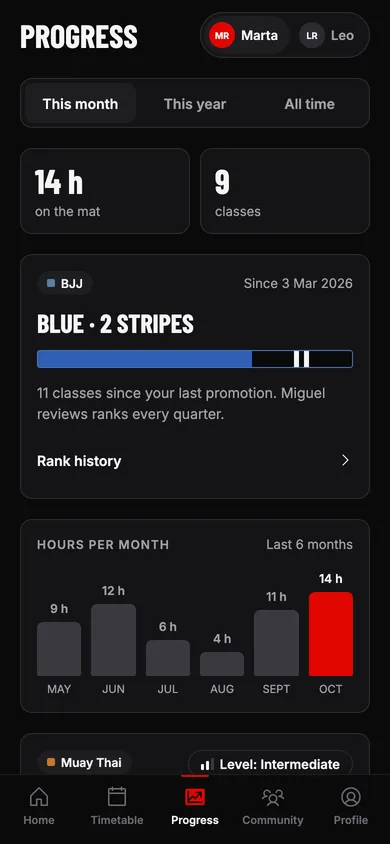 Progress screen with mat hours, current belt and a monthly chart