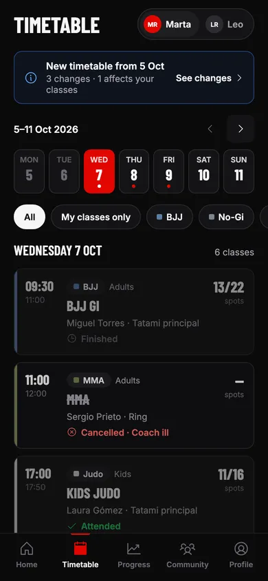 Weekly timetable in the TATAMI app with free spots per class