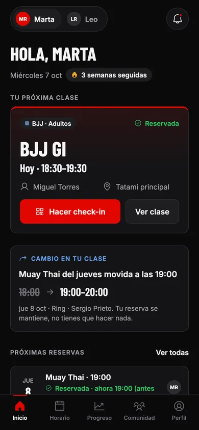 Pantalla de inicio de la app de TATAMI con la próxima clase y el botón de check-in