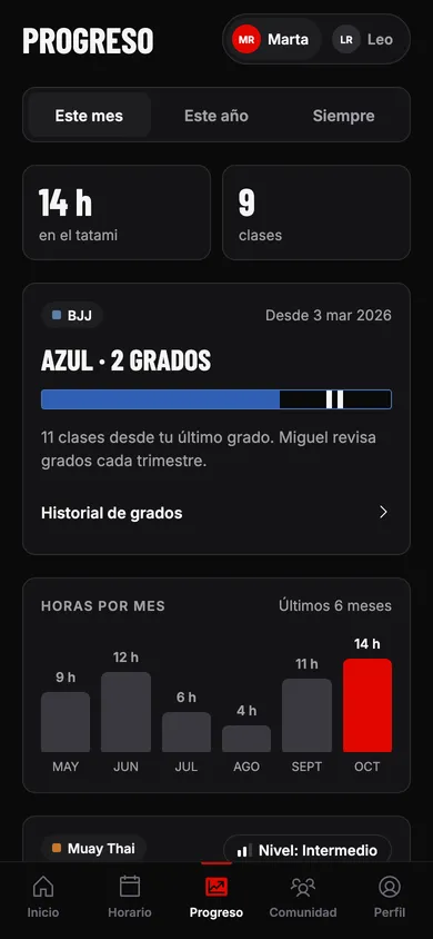 Pantalla de progreso con horas en el tatami, cinturón actual y gráfico mensual