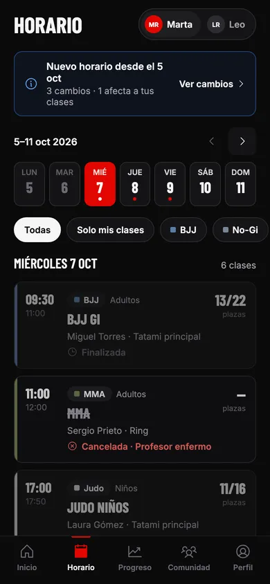 Horario semanal en la app de TATAMI con plazas libres por clase